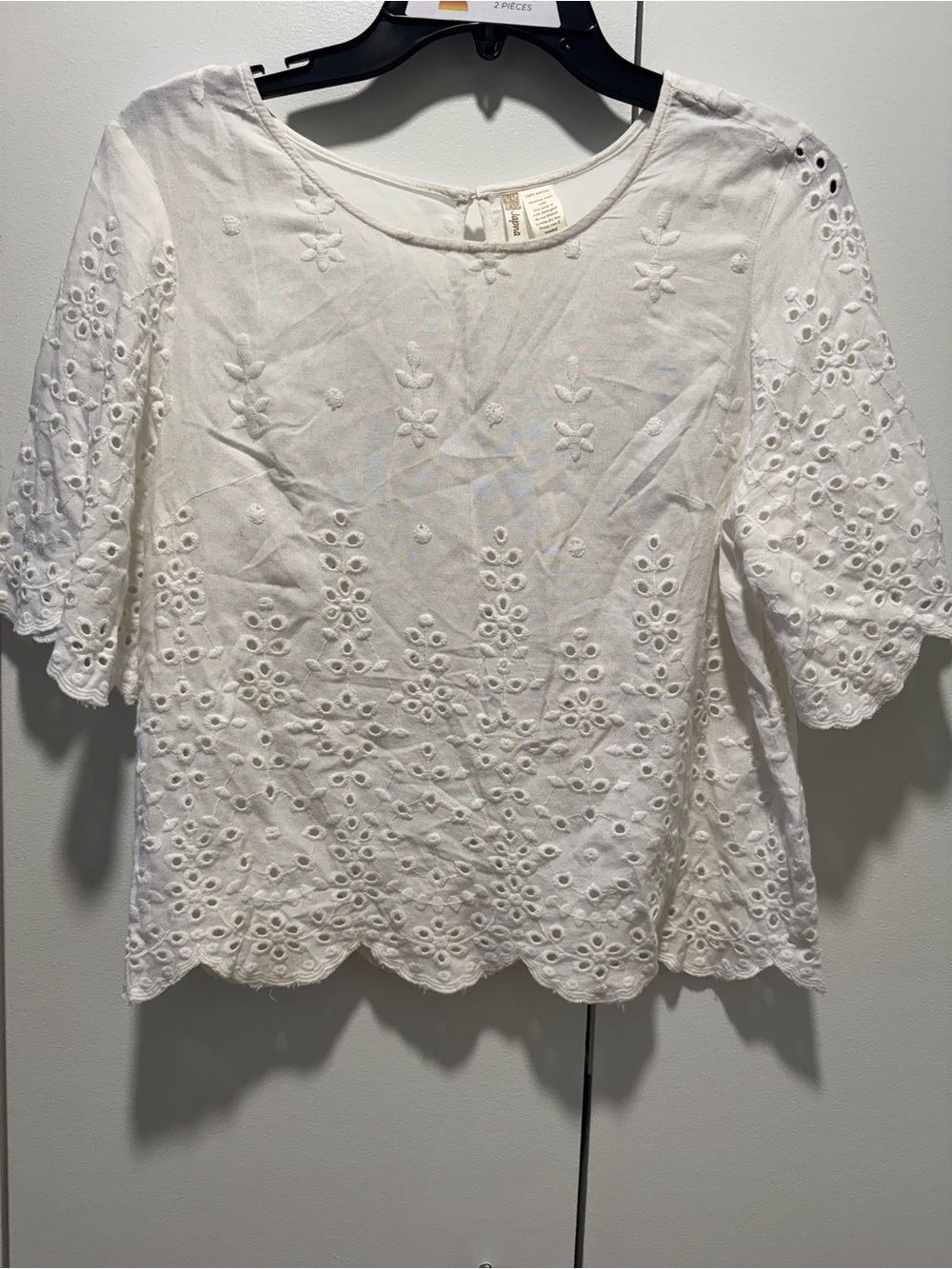 Japna White Eyelet Embroidered Short Sleeve Blouse